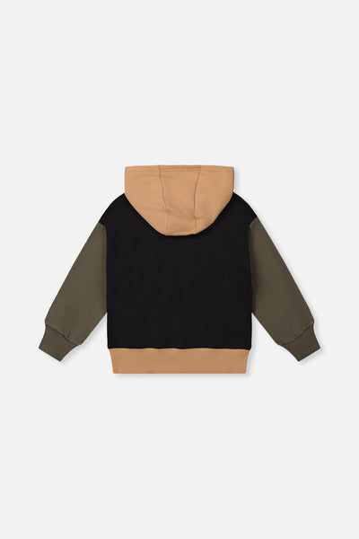 Hooded Colorblock Fleece Cardigan Black, Green And Beige - J20U32_09990