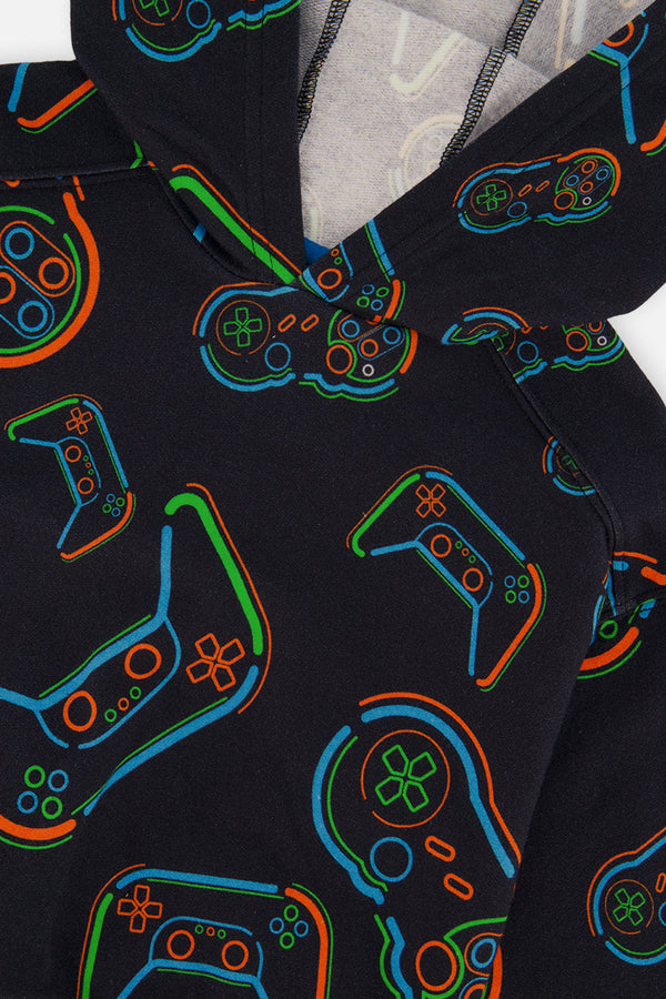 Fleece Hooded Sweatshirt Black Printed Controller - J20U33_2J090