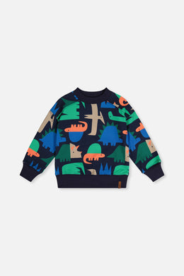 Fleece Sweatshirt Blue Dinosaur Print - J20U35_2J051
