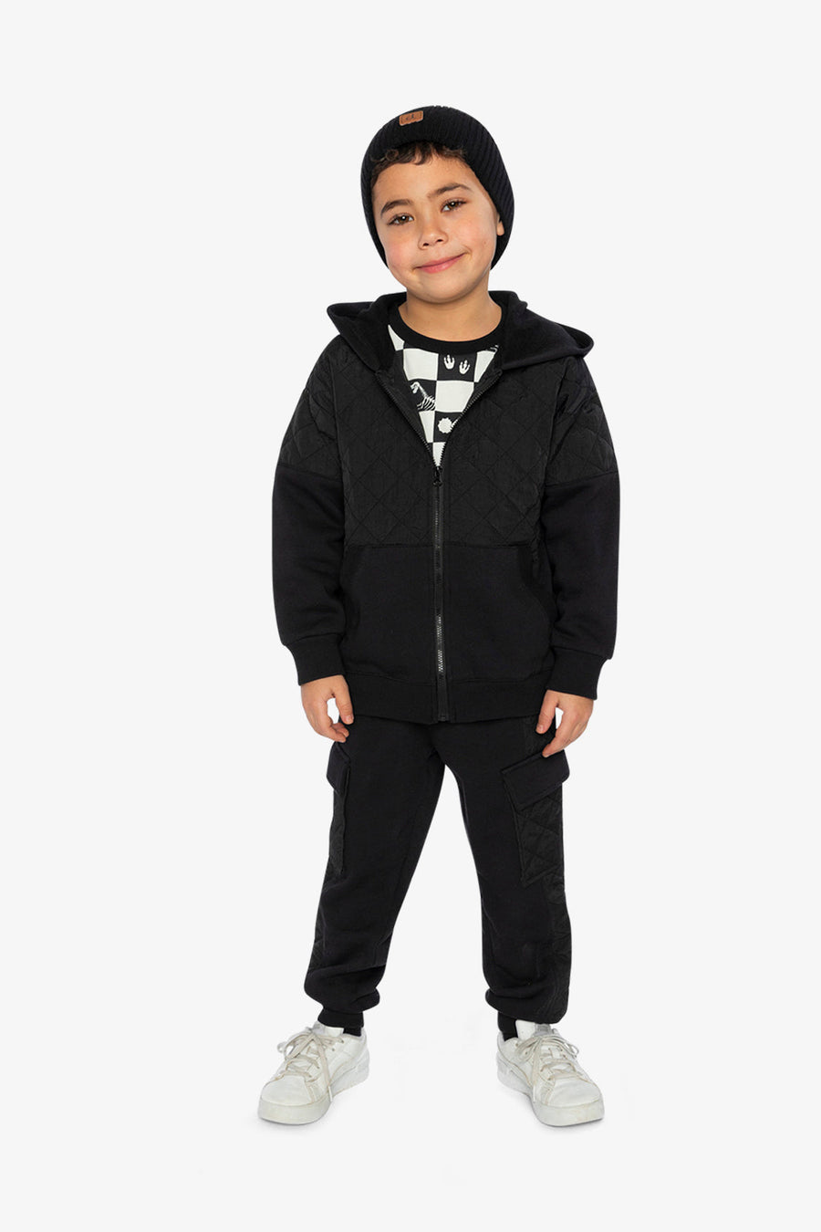 Full Zip Hooded Bi-Material Cardigan Black - J20U38_09990