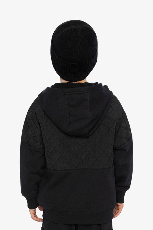 Full Zip Hooded Bi-Material Cardigan Black - J20U38_09990