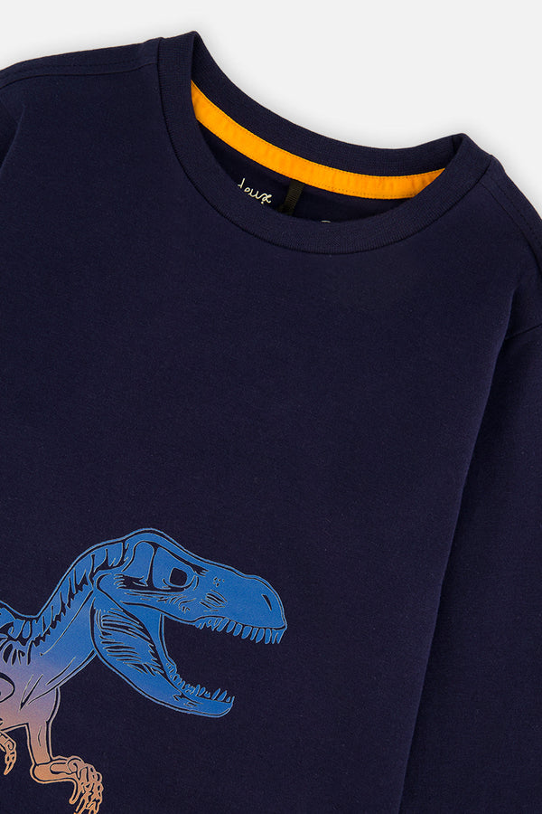 Long Sleeve Organic Cotton T-Shirt Dark Blue And Orange - J20U74_04810
