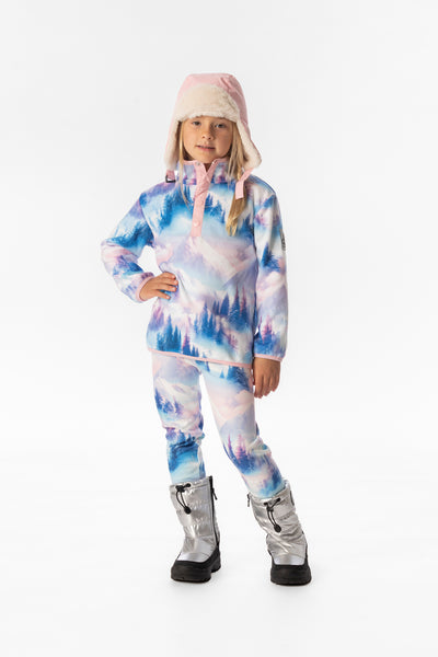 Veste mi-saison en polaire à enfiler bleu et rose imprimé montagnes