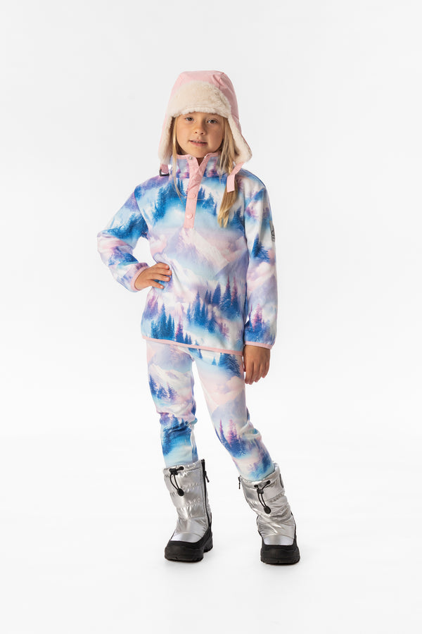 Veste mi-saison en polaire à enfiler bleu et rose imprimé montagnes