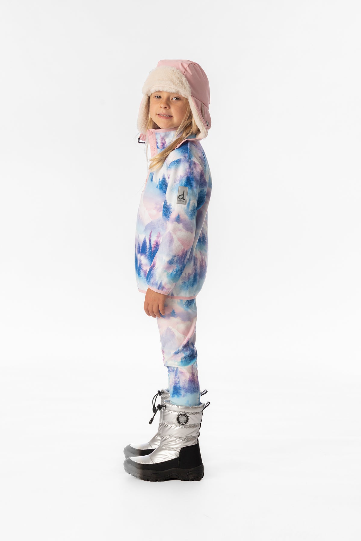 Veste mi-saison en polaire à enfiler bleu et rose imprimé montagnes