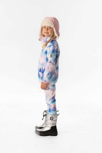 Veste mi-saison en polaire à enfiler bleu et rose imprimé montagnes