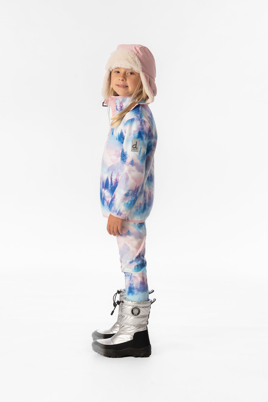 Veste mi-saison en polaire à enfiler bleu et rose imprimé montagnes