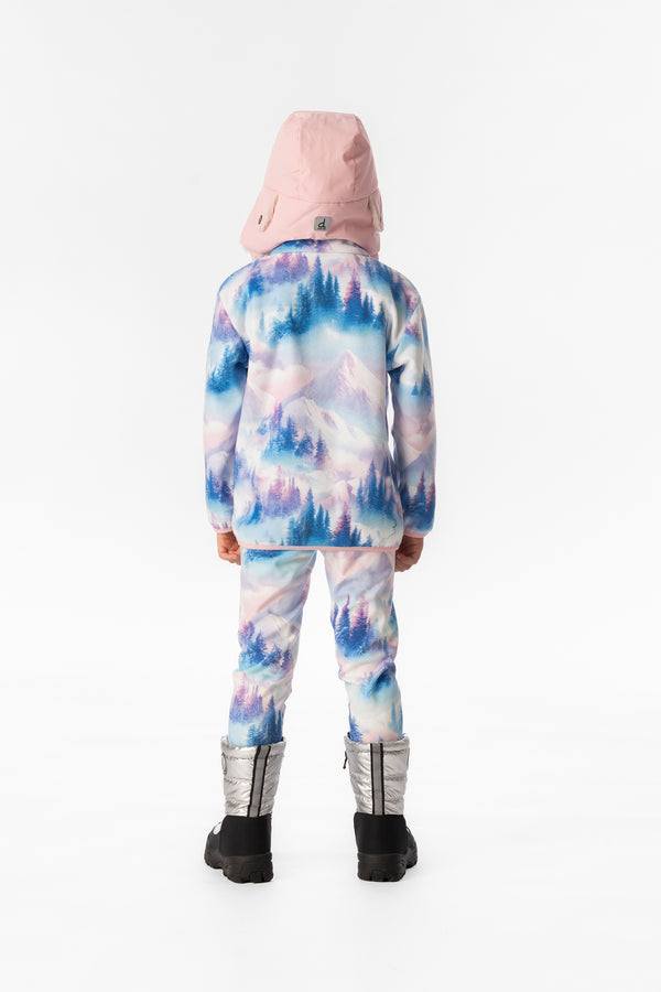 Veste mi-saison en polaire à enfiler bleu et rose imprimé montagnes