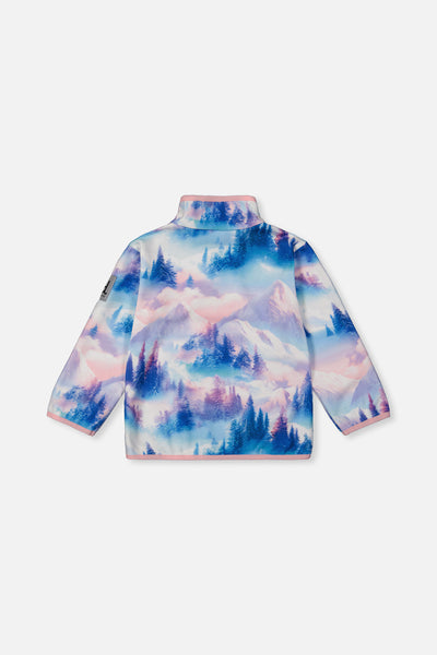 Veste mi-saison en polaire à enfiler bleu et rose imprimé montagnes
