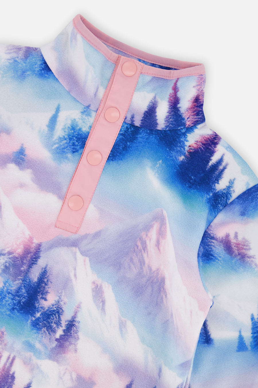 Veste mi-saison en polaire à enfiler bleu et rose imprimé montagnes