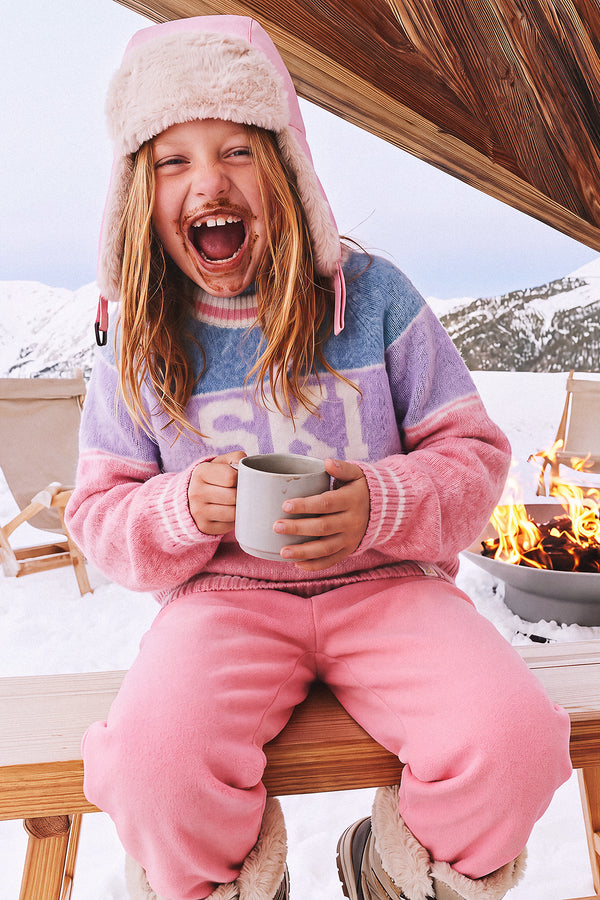 Pull en tricot avec jacquard SKI bleu clair et rose clair