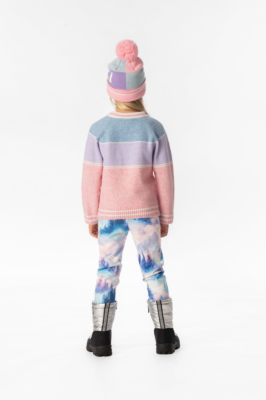 Pull en tricot avec jacquard SKI bleu clair et rose clair