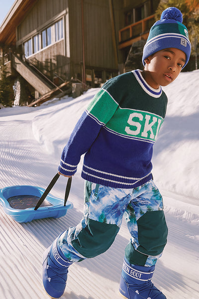 Pull en tricot avec jacquard SKI bleu foncé et vert foncé
