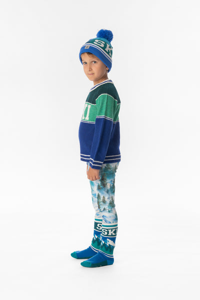 Pull en tricot avec jacquard SKI bleu foncé et vert foncé