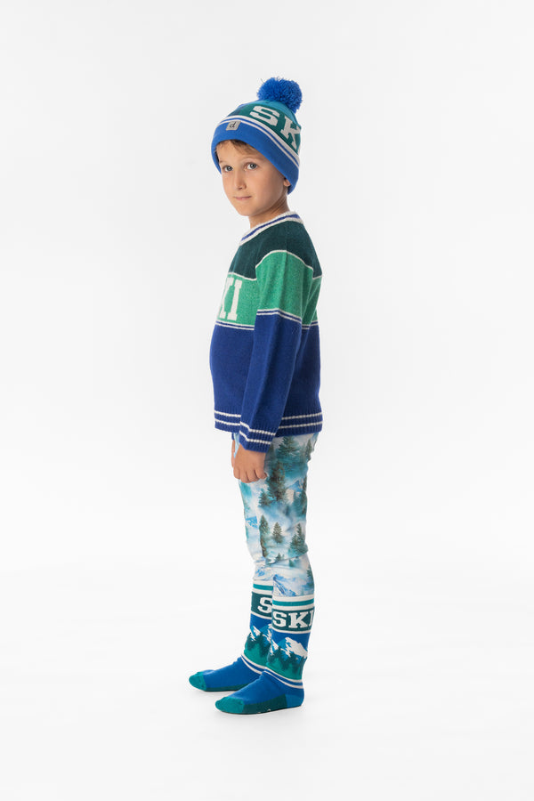 Pull en tricot avec jacquard SKI bleu foncé et vert foncé
