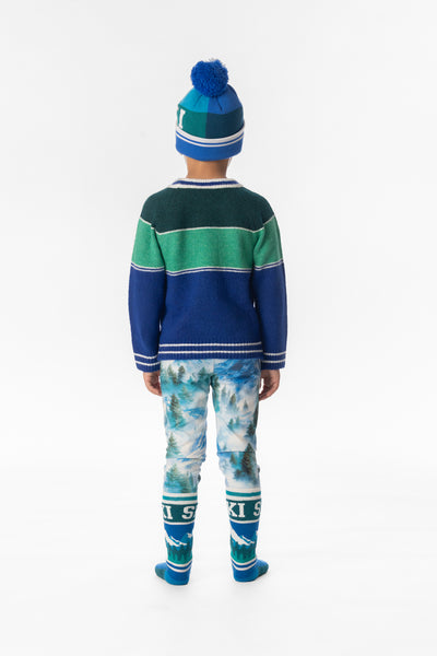 Pull en tricot avec jacquard SKI bleu foncé et vert foncé