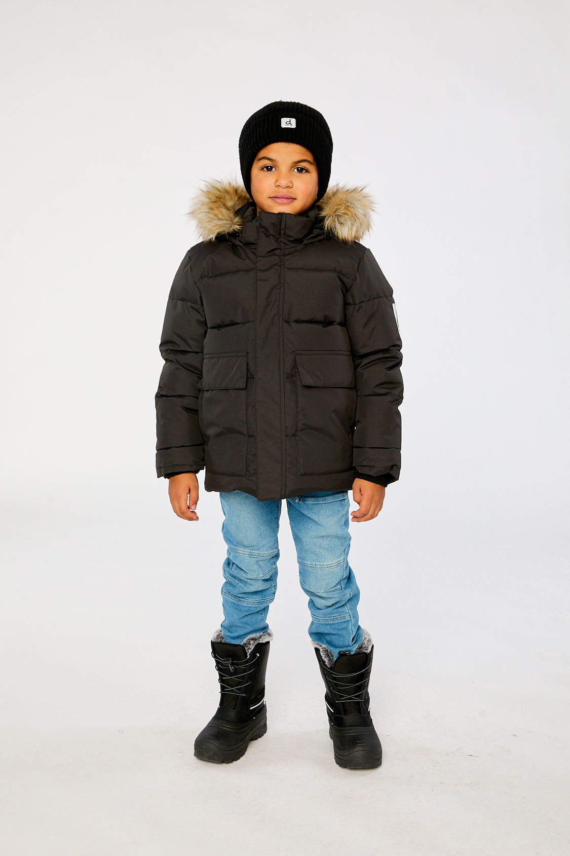 Winter Jacket With Faux-Fur Hood Black