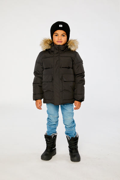 Winter Jacket With Faux-Fur Hood Black