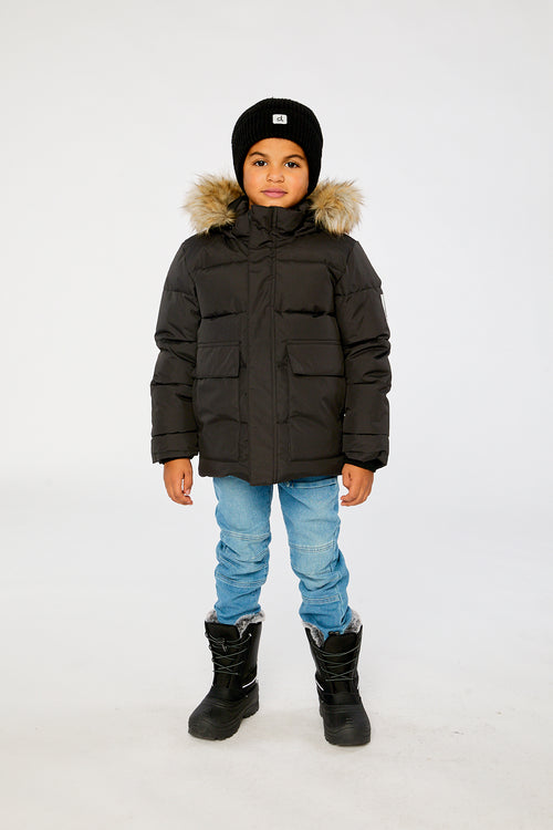 Winter Jacket With Faux-Fur Hood Black