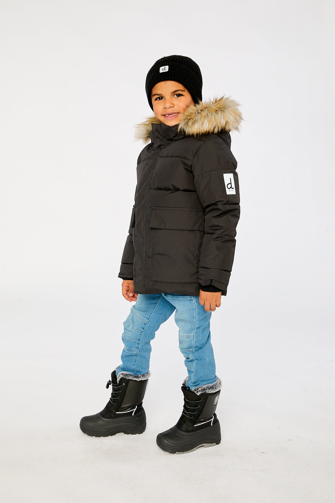 Winter Jacket With Faux-Fur Hood Black
