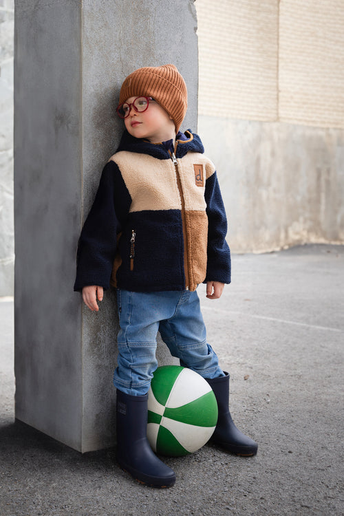 Manteau mi-saison réversible bleu foncé, beige et brun pour bébé