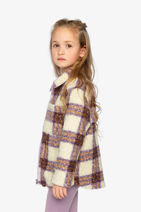 Zipped Sherpa Overshirt With Chest Pockets Beige And Mauve Plaid - J20YG17_2J280