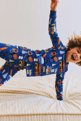 Organic Cotton Two Piece Pajama Set Blue Truck Print