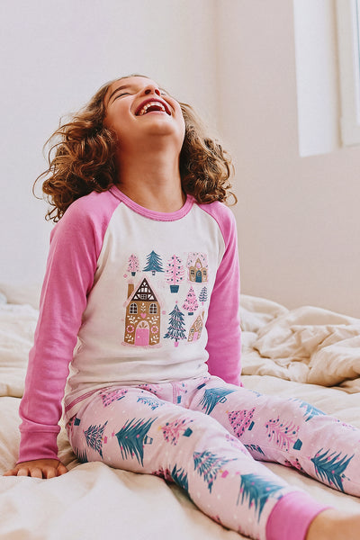 Organic Cotton Two Piece Pajama Set Pink  Holiday Tree Print