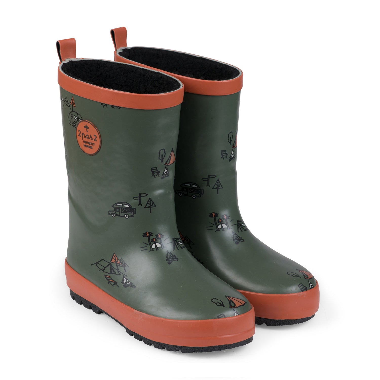 Printed Rain Boots Lined With Fine Plush Khaki Green Camping Boy D30WB_010