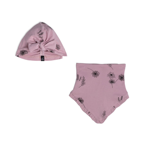 Organic Cotton Hat And Bib Set Printed Flowers Dusty Purple E20B19_055