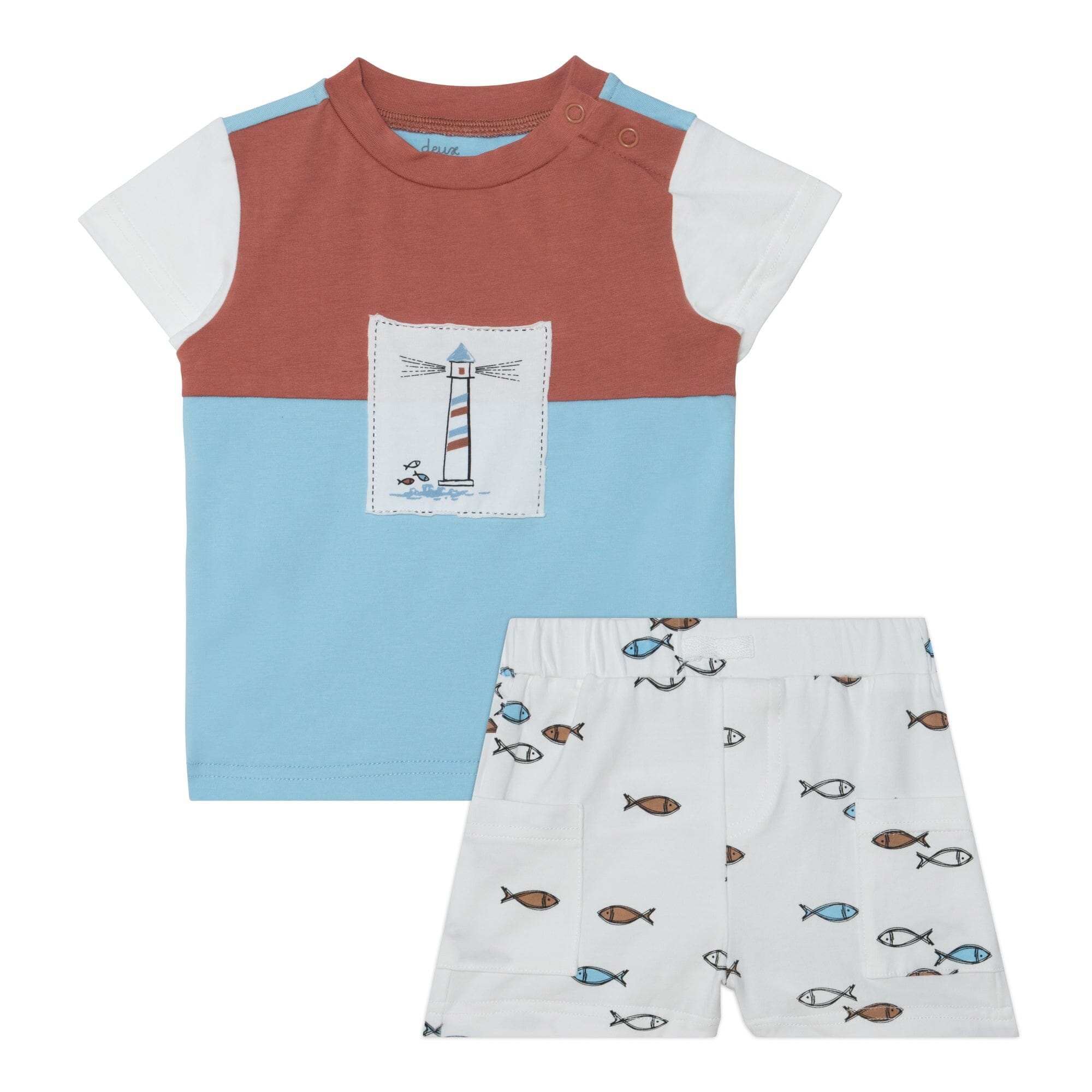 Organic Cotton Colorblocked Top & Short Set Brown & Blue With White Fish Print - E30C11_063