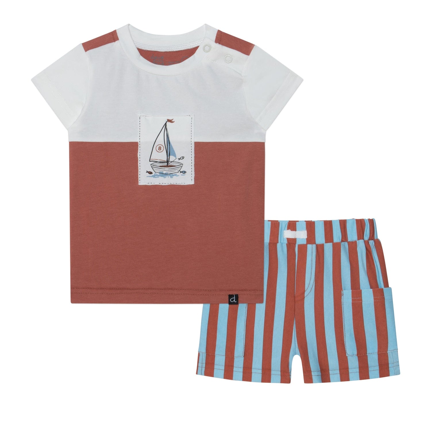 Organic Cotton Colorblocked Top & Short Set White & Brown With Stripe - E30C11_064