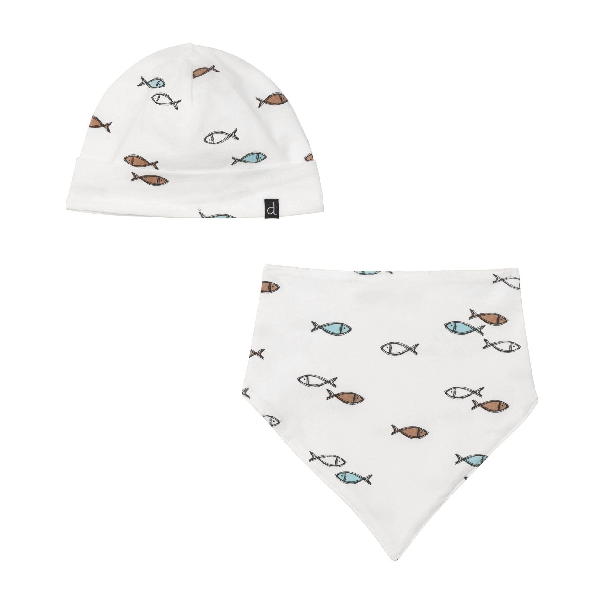 Organic Cotton Hat & Bib Set White Fish Print Accessories Deux par Deux 