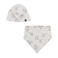 Organic Cotton Hat & Bib Set Heather Beige Alligator Print - E30C19_081