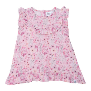 Printed Short Sleeve Blouse With Frill Pink Watercolor Flowers - E30E16_042