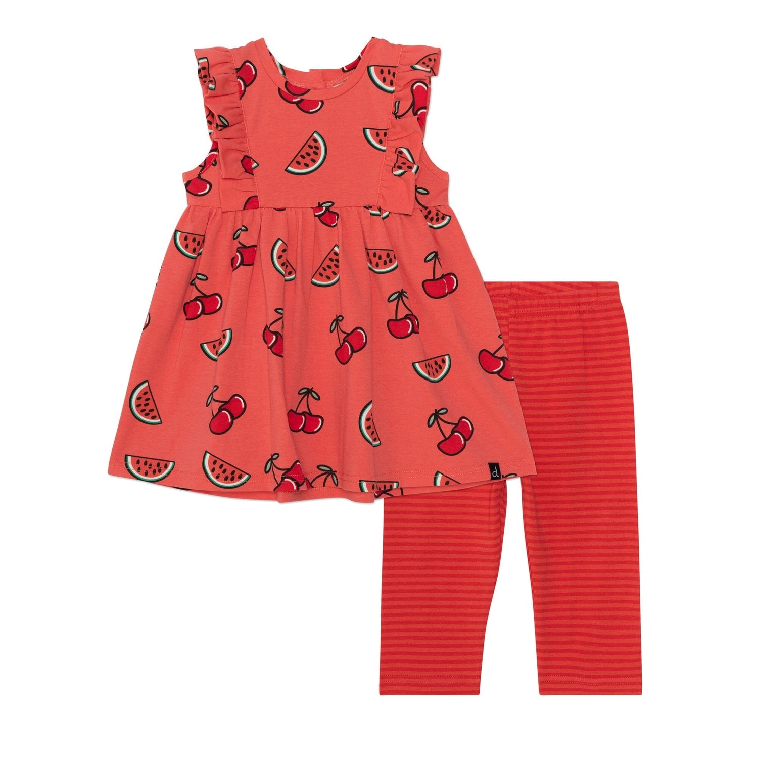 Organic Cotton Sleeveless Tunic & Capri Set Coral Cherry Print & Red Stripe - E30F10_046
