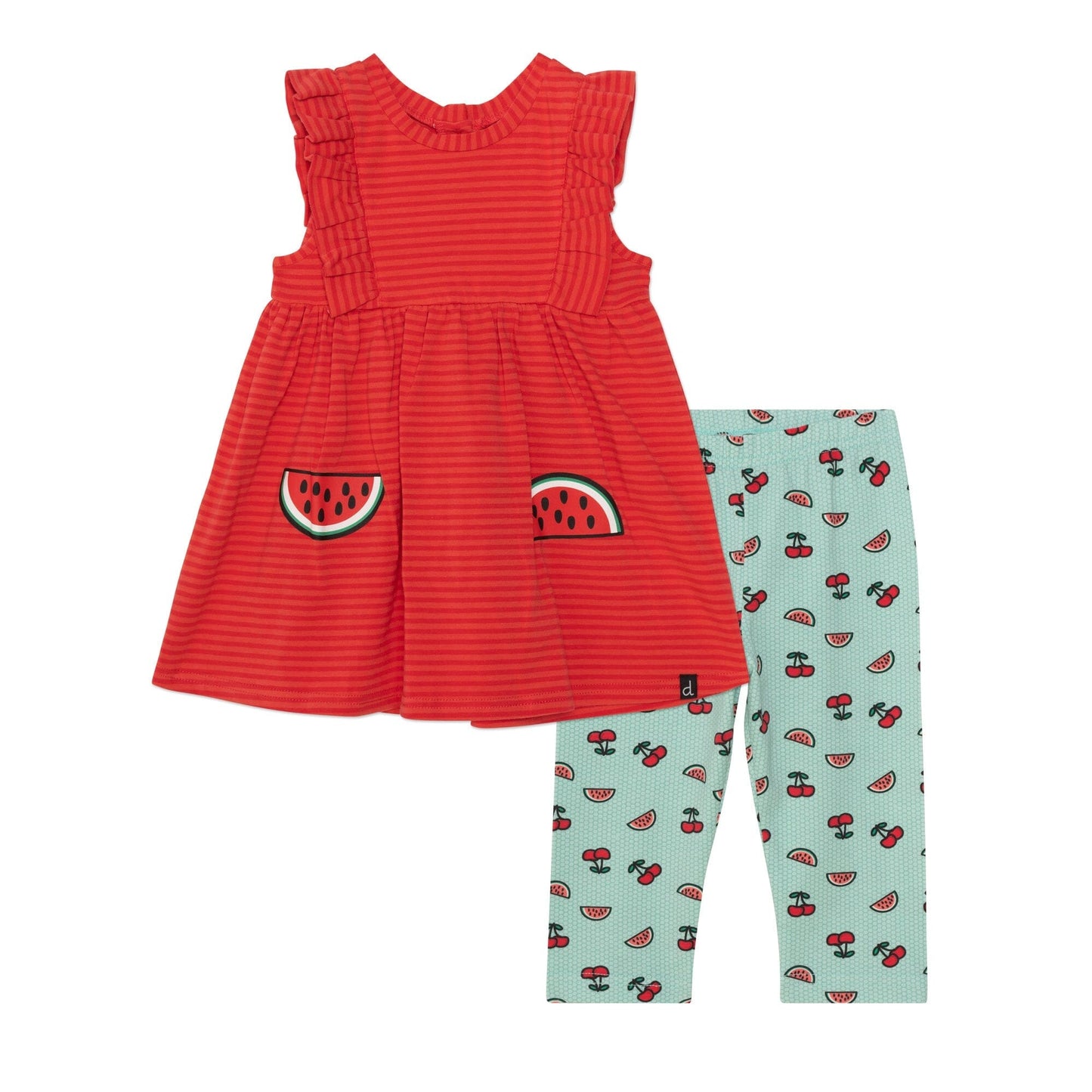 Organic Cotton Sleeveless Tunic & Capri Set Red Stripe & Aqua Cherry Print - E30F10_047