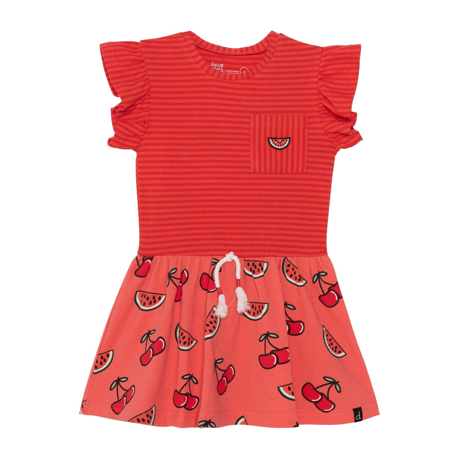 Organic Cotton Short Sleeve Dress Red Stripe & Coral Cherry Print - E30F90_047