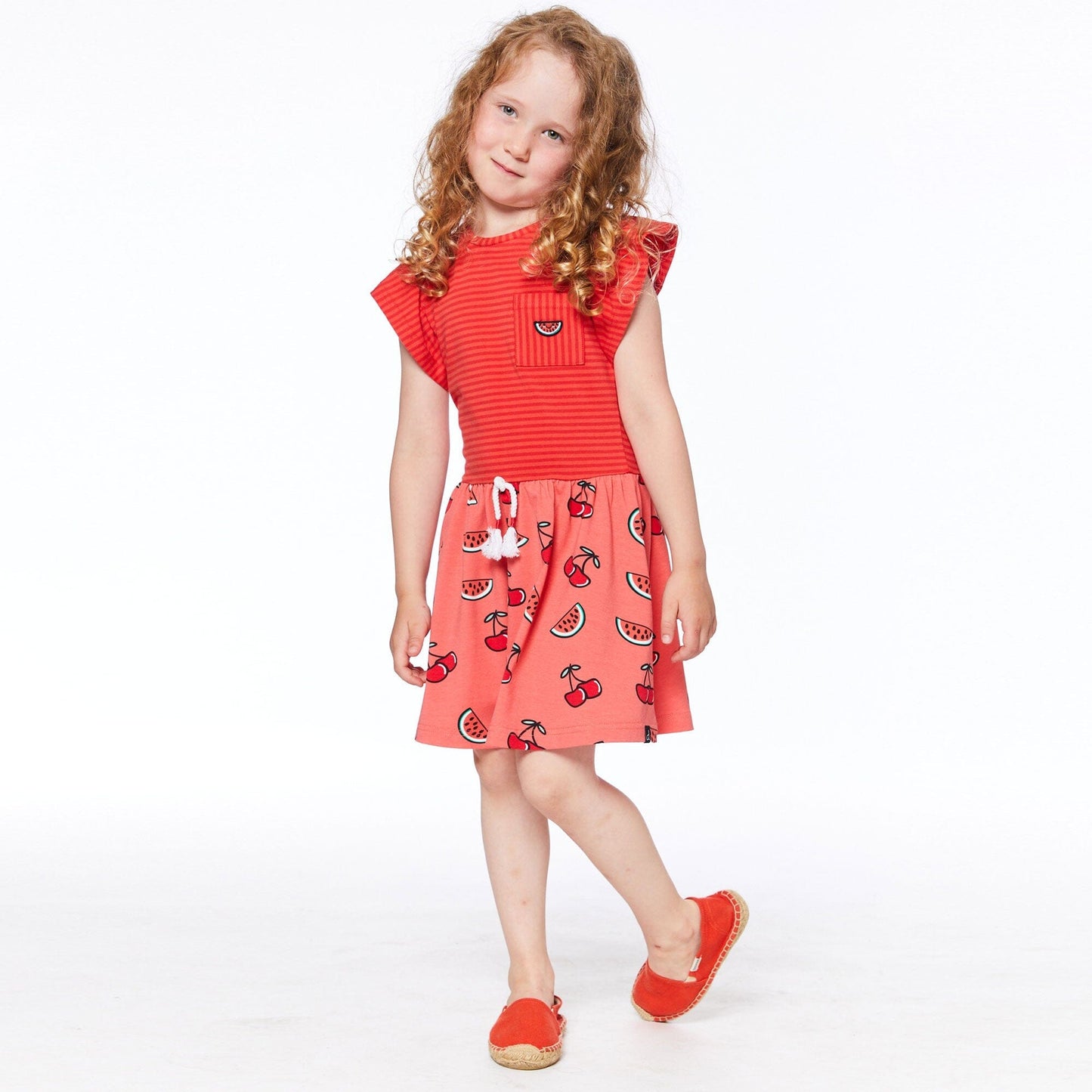 Organic Cotton Short Sleeve Dress Red Stripe & Coral Cherry Print - E30F90_047