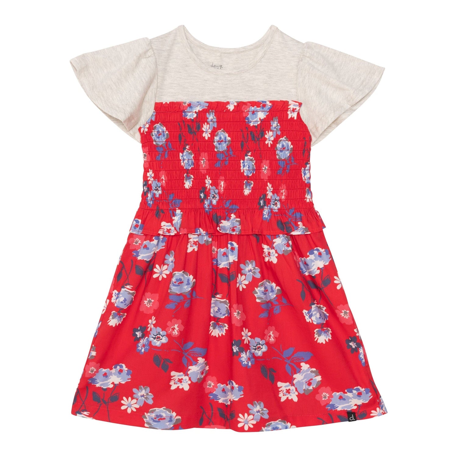 Bi-Material Printed Short Sleeve Smocked Dress Red Flowers - E30G91_051