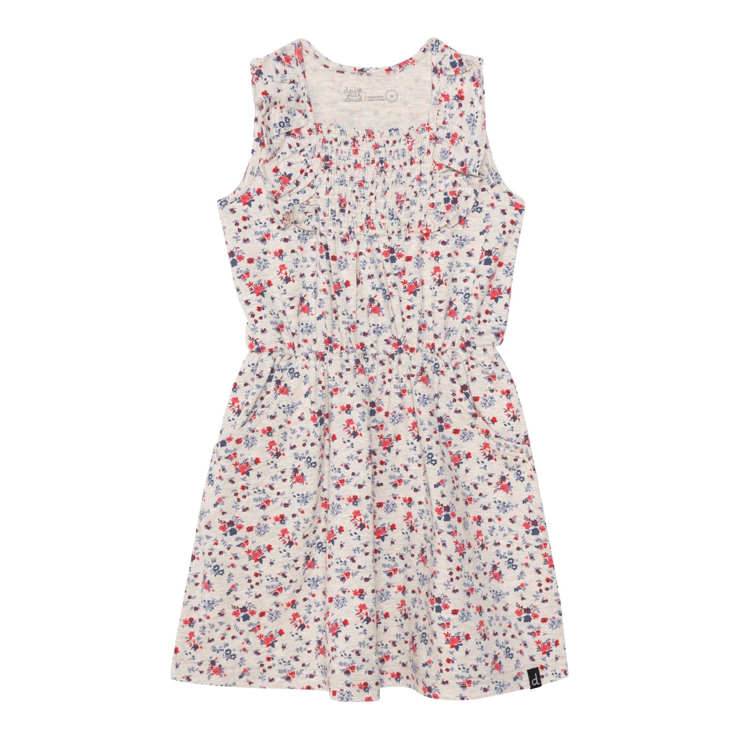 Organic Cotton Printed Sleeveless Smocked Dress Oatmeal Mix Little Flowers - E30G93_050