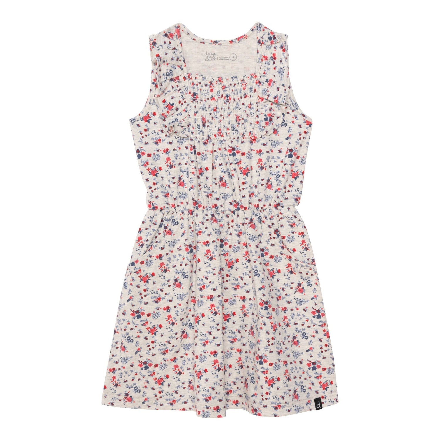 Organic Cotton Printed Sleeveless Smocked Dress Oatmeal Mix Little Flowers - E30G93_050