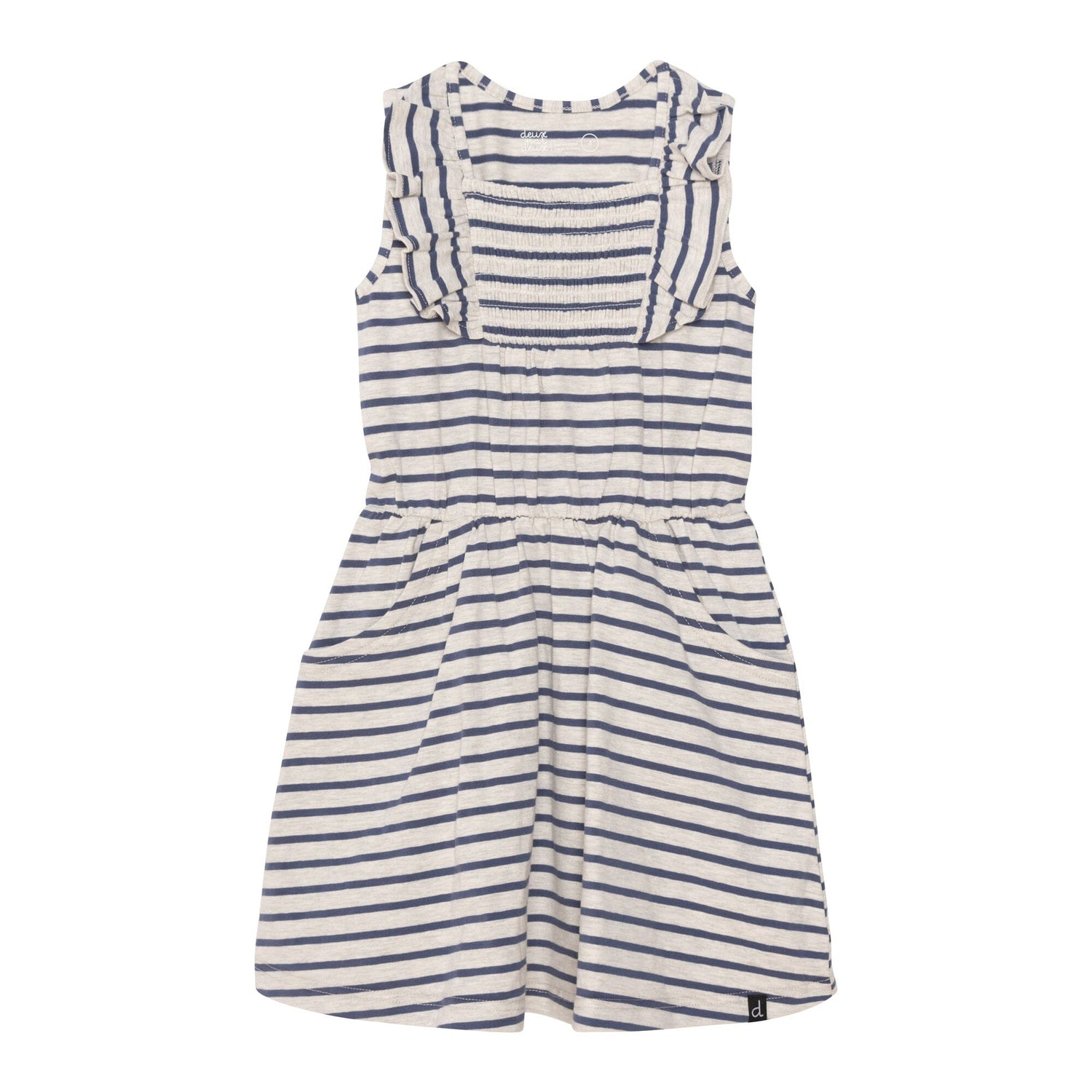 Organic Cotton Striped Sleeveless Smocked Dress Oatmeal Mix & Navy Blue - E30G93_052