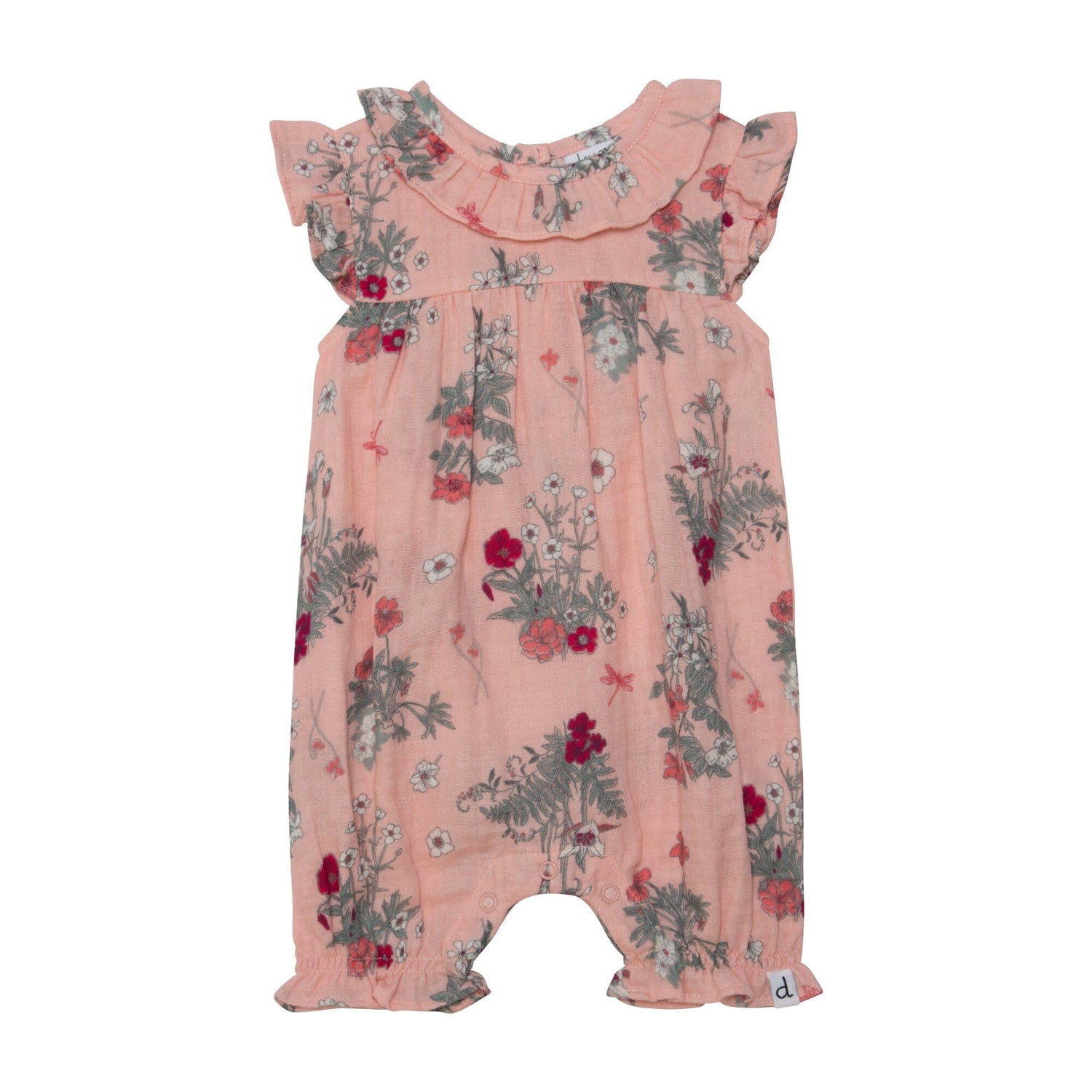 Printed Muslin Cotton Romper With Frill Vintage Pink Botanical Flowers - E30H40_048