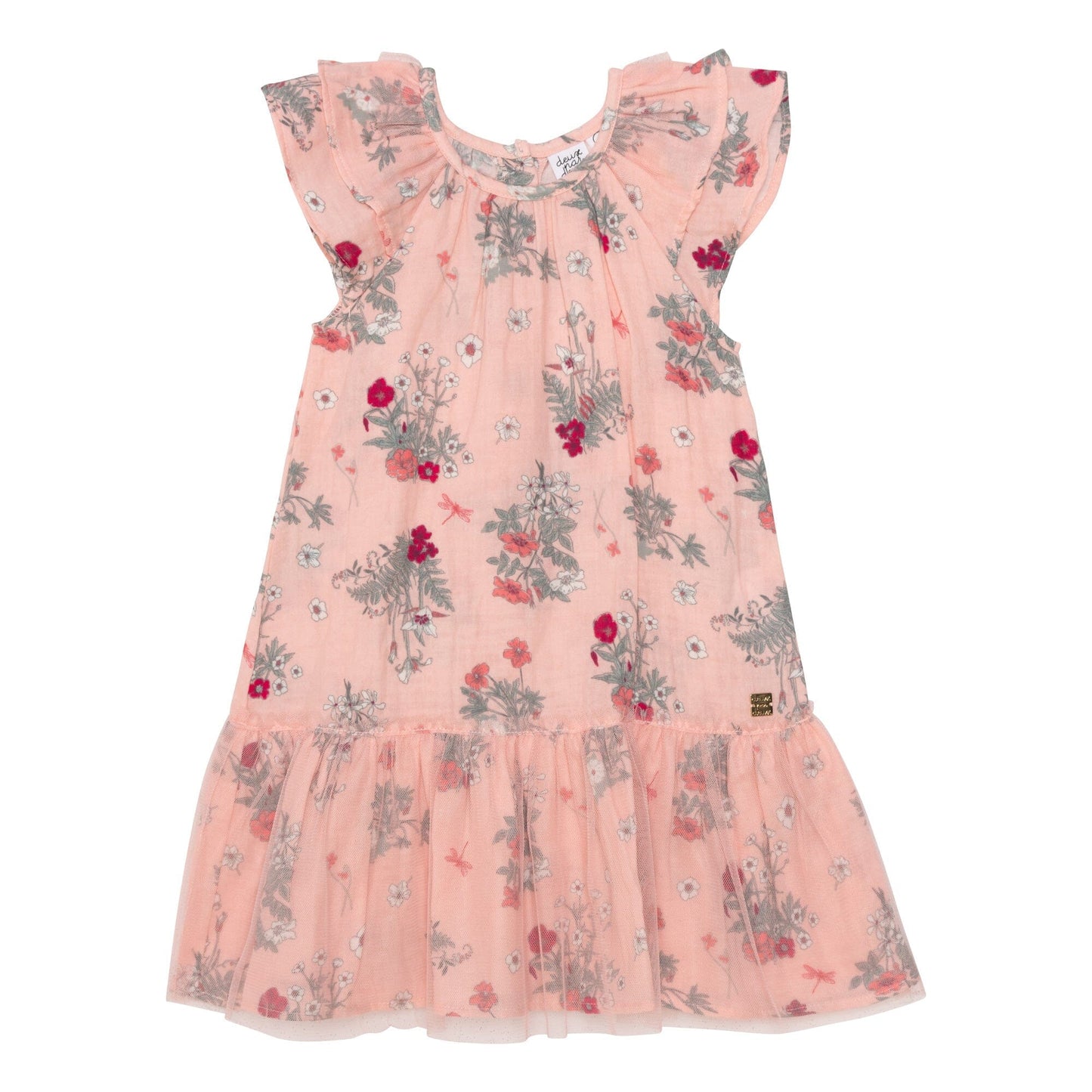 Printed Dress With Ruffle Sleeves Vintage Pink Botanical Flowers - E30H91_048