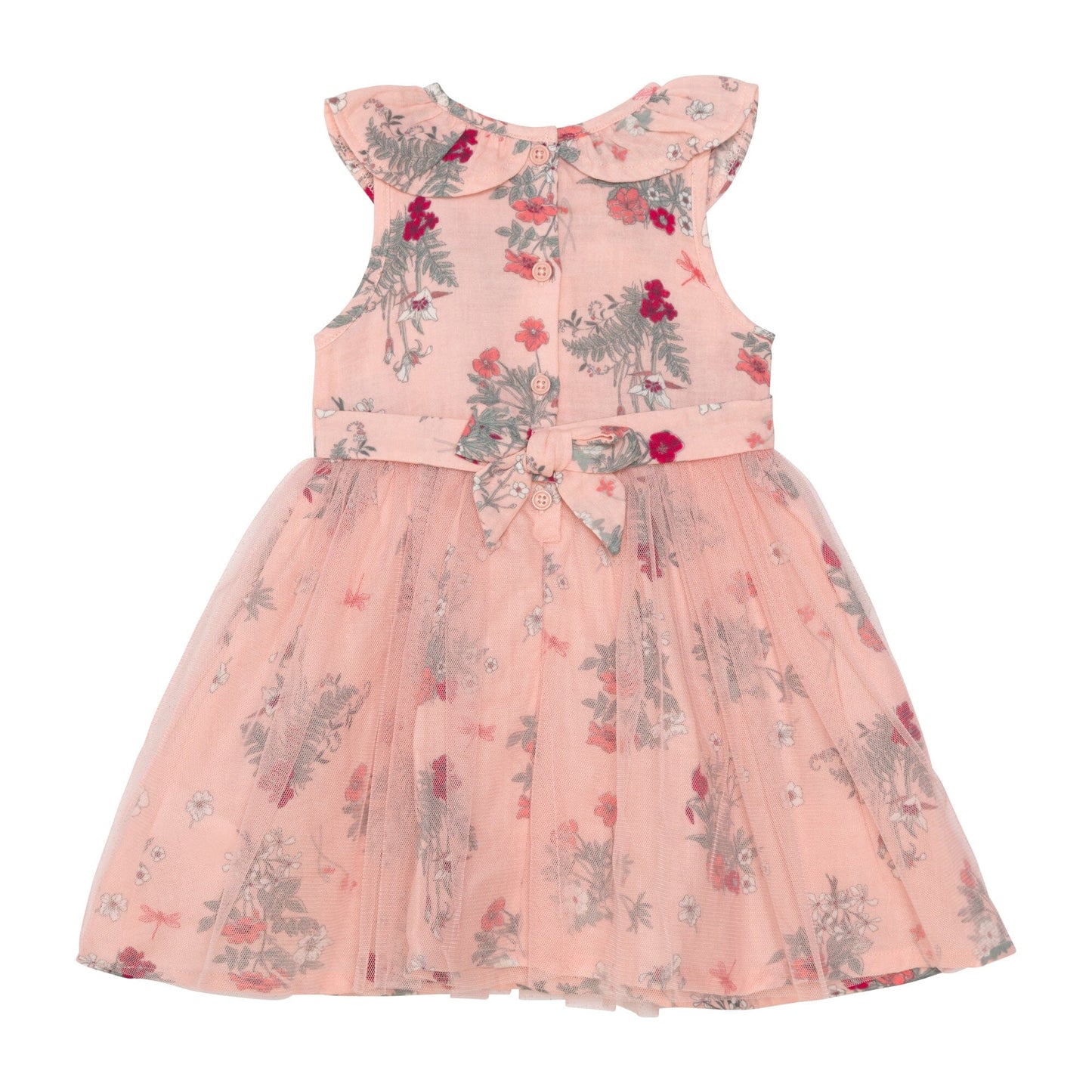Printed Short Sleeve Dress With Tulle Skirt Vintage Pink Botanical Flowers - E30H94_048