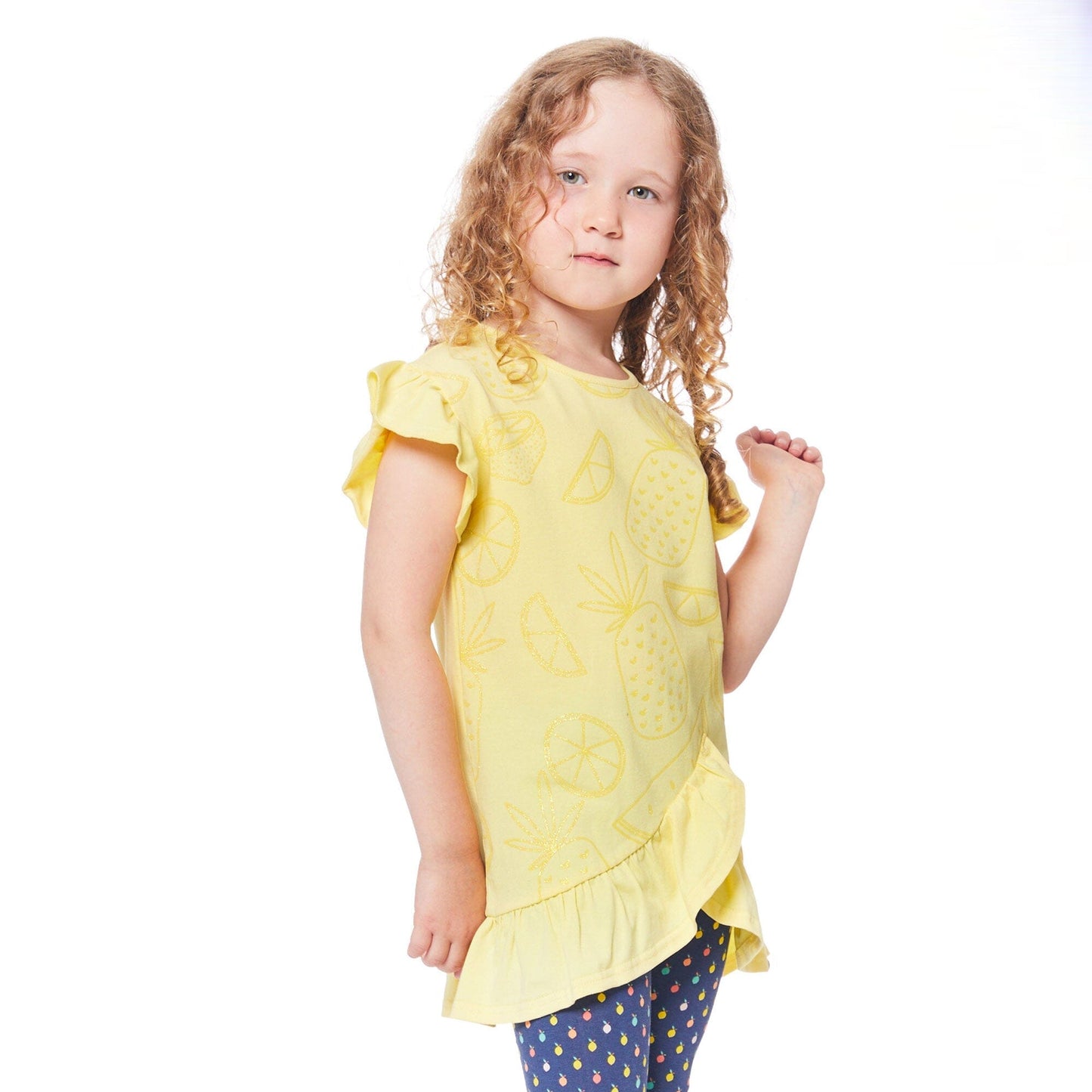 Organic Cotton Short Sleeve Glitter Graphic Tunic With Frill Yellow - E30I75_222