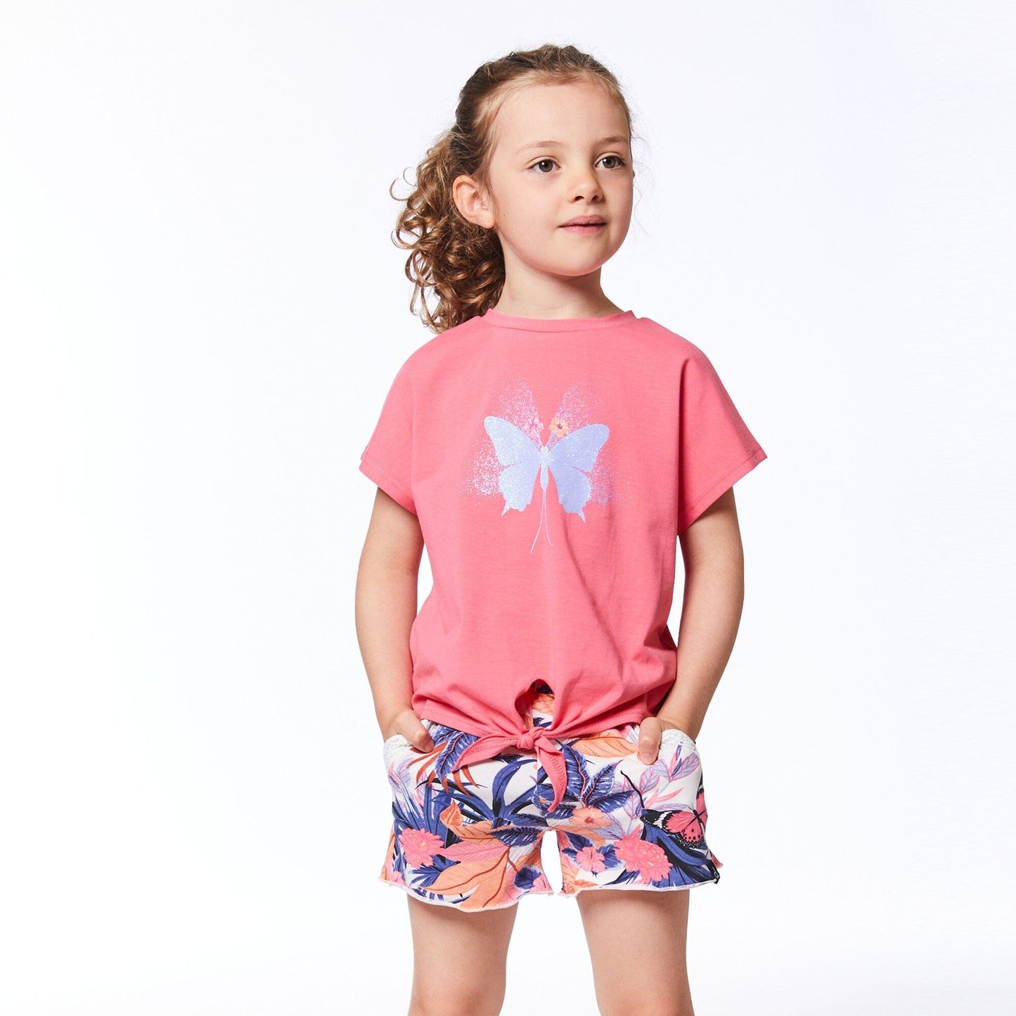Organic Cotton Printed Short With Crochet Pink & Blue Butterfly - E30K25_054