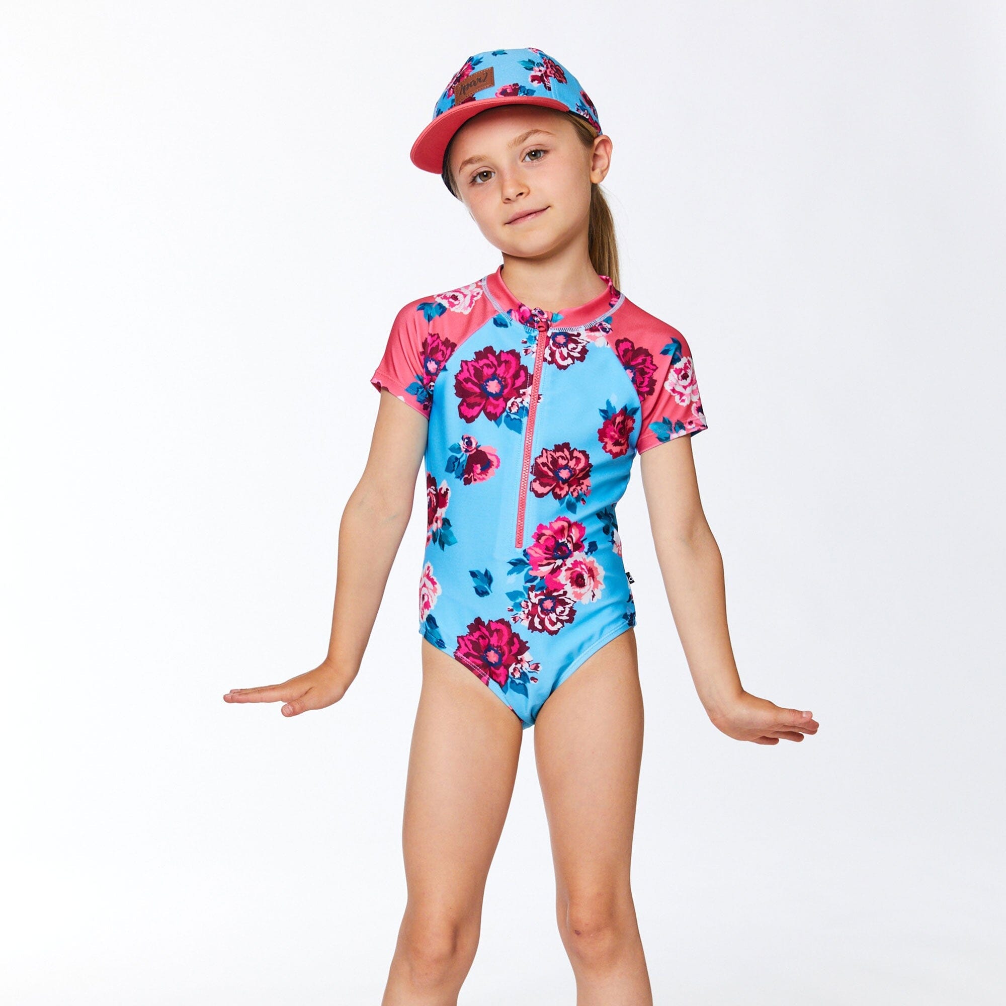 Printed Short Sleeve One Piece Rashguard Pink & Blue Roses - E30NG11_000