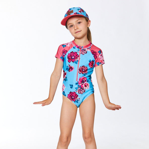 Printed Short Sleeve One Piece Rashguard Pink & Blue Roses - E30NG11_000